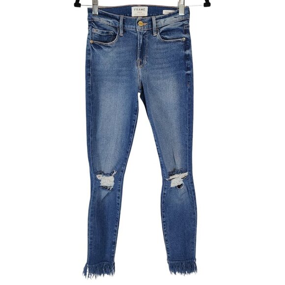 Frame Le Skinny de Jeanne Shredded Raw Hem Denim Jeans Distressed Stretch sz 26 - Picture 2 of 11